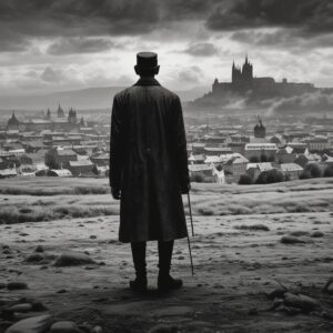 A man in a long coat looking over a city with a castle in the distance.
