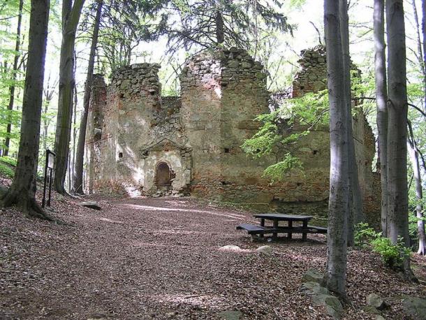 Ruins of an old stone building in a forest.