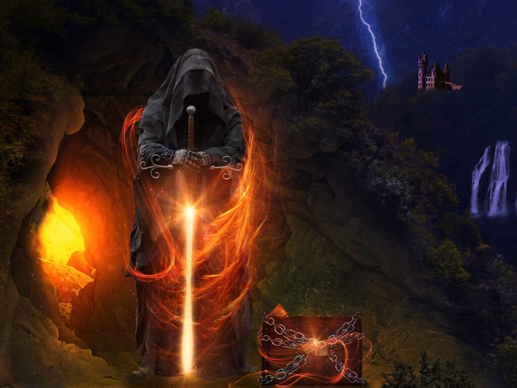A hooded figure holding a glowing sword in a dark, fantasy landscape.
