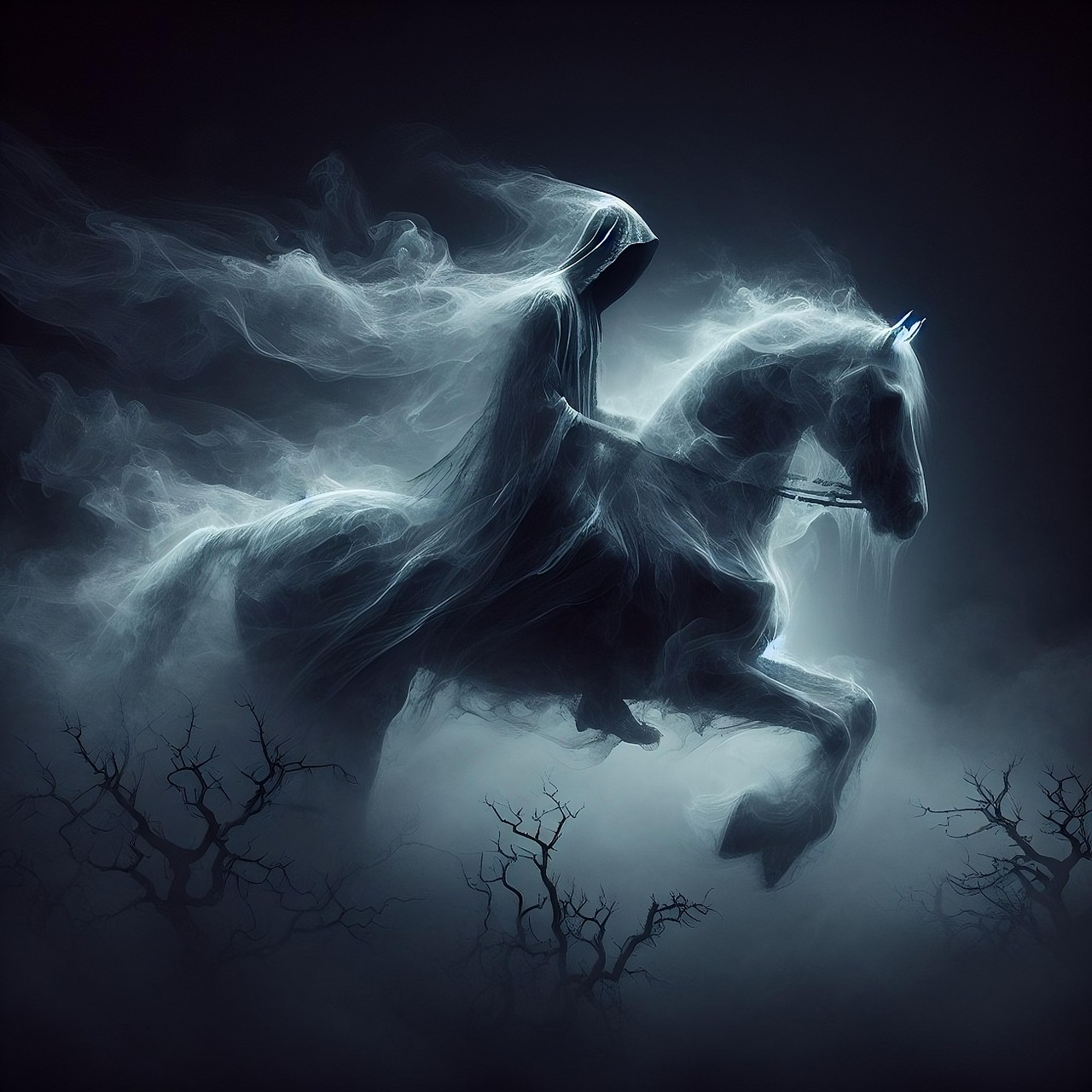 Ghostly rider on a horse emerging from swirling mist.