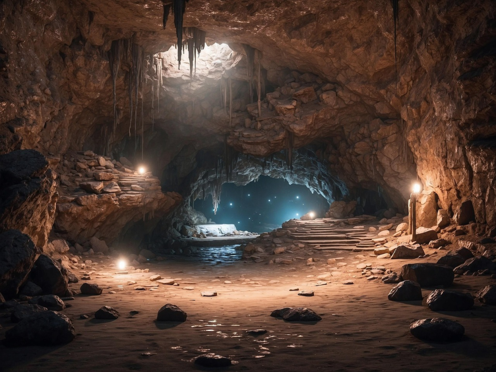 Eine von Kerzen beleuchtete Höhle mit Steinstufen und Felswänden.