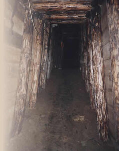 Dark, narrow underground tunnel reinforced with wooden beams.